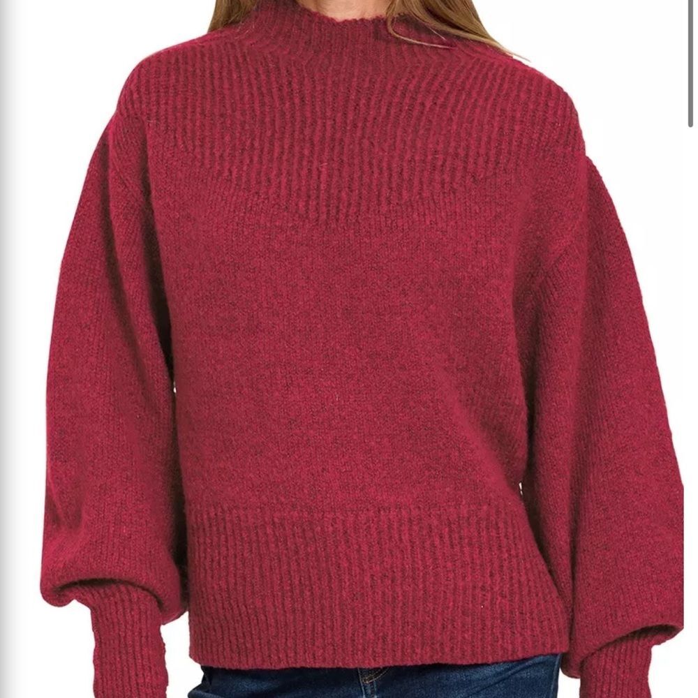 Zenana Mock Neck Balloon Sleeve Pink Sweater - Picture 8 of 8